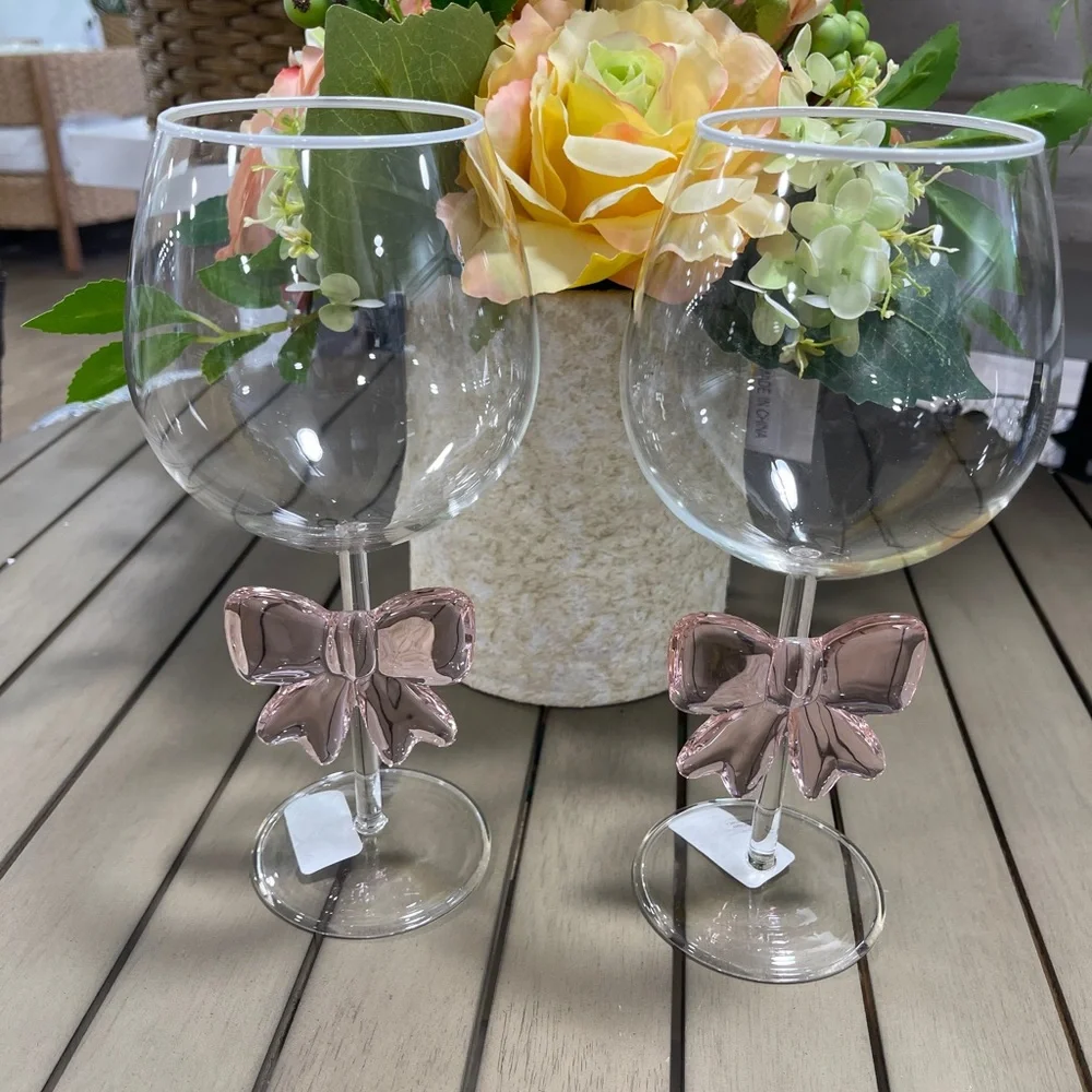 Pink Bow Ribbon Coquette Glass Wine Glasses Set of 2 NWT